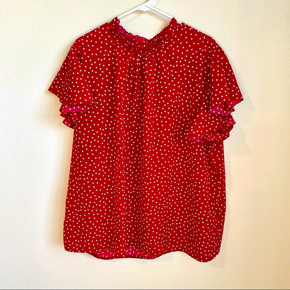 Women’s red, polka dot, flutter sleeve top